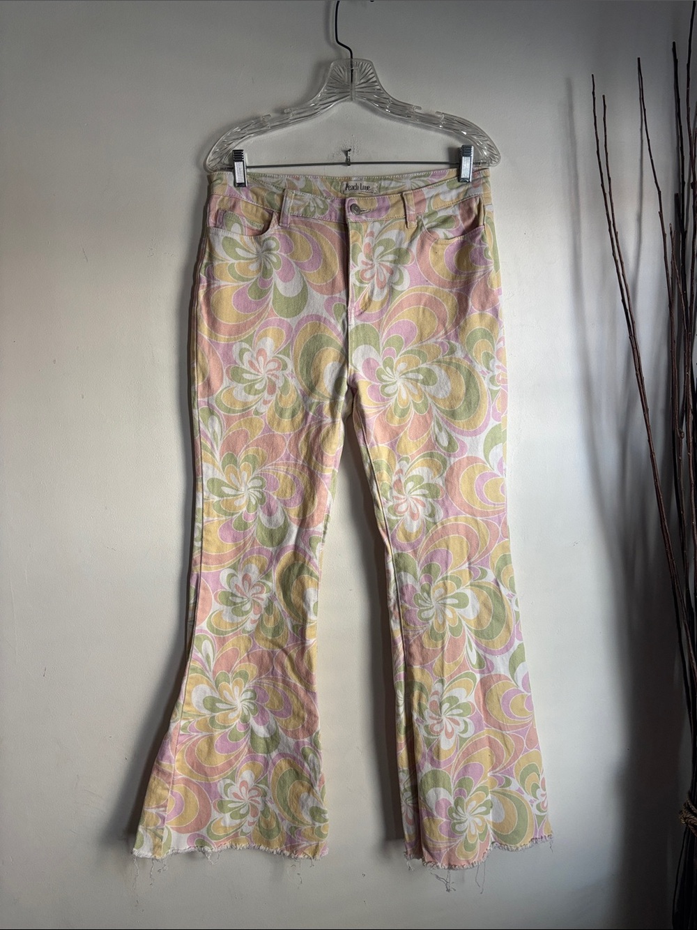 Peach Love California | Pastel Pink, Yellow & Green Floral Flare Pants Sz L